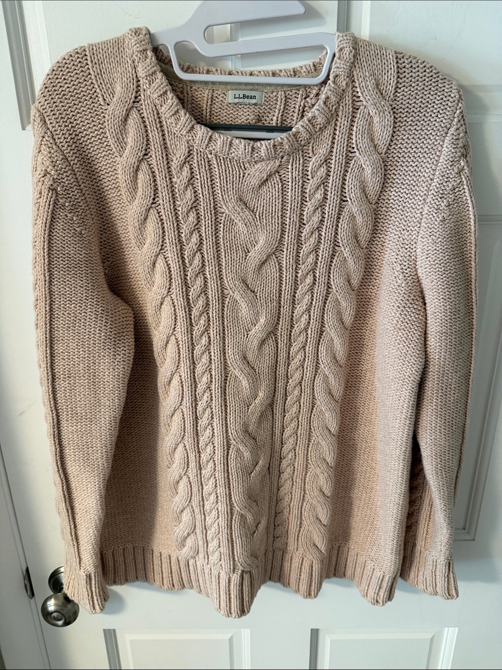 L.L.Bean Signature 100% Cotton Fisherman Cable Knit Crewneck Sweater Beige Large